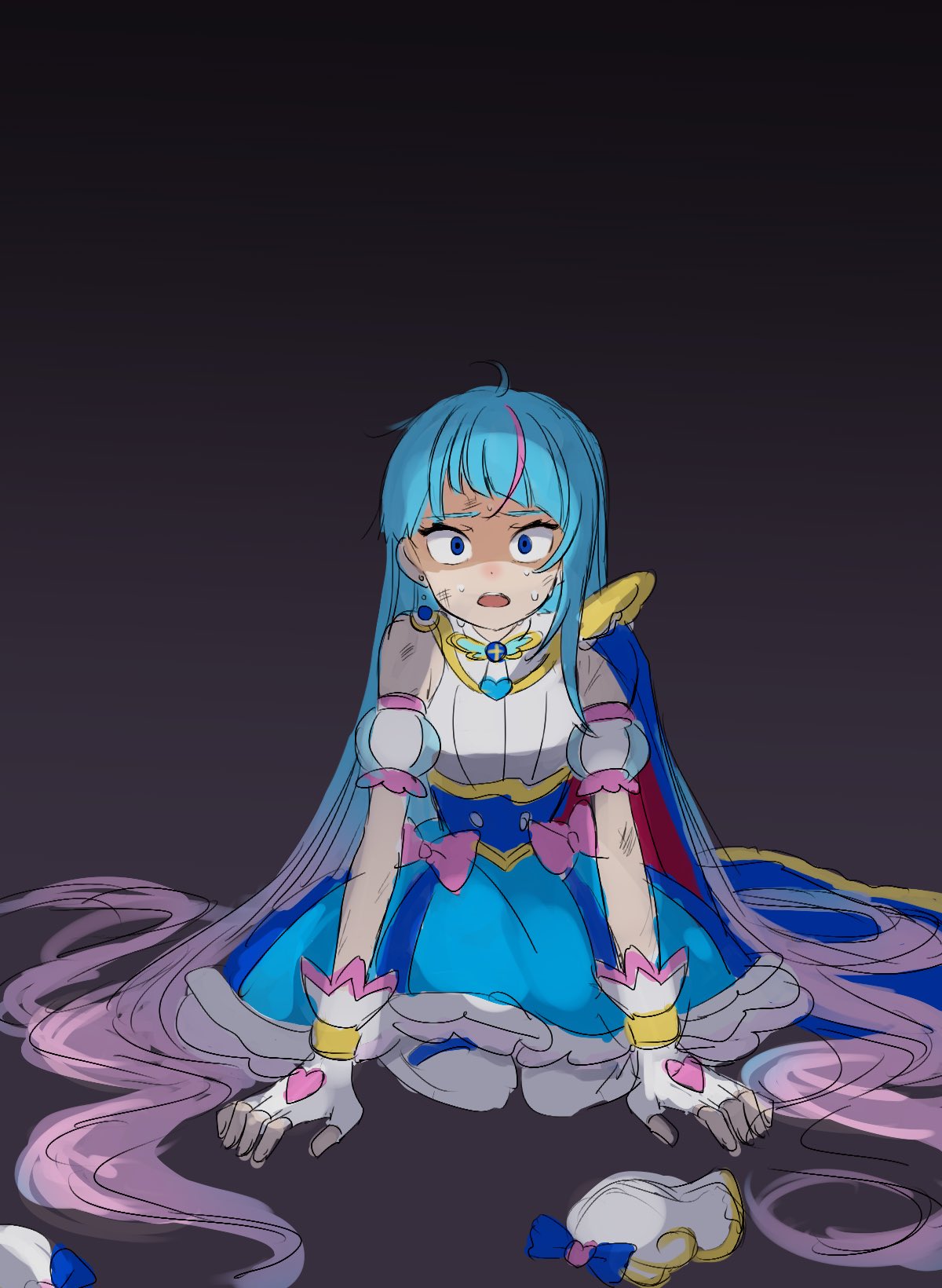 yumi san0112, cure sky, sora harewataru, hirogaru sky! precure, precure, commentary, highres, 1girl, alternate hairstyle, black background, blue cape, blue dress, blue eyes, blue hair, bow, brooch, cape, detached sleeves, dirty, dress, dress bow, earrings, fingerless gloves, frilled dress, frills, frown, gloves, gradient hair, hair down, hair ornament, jewelry, kneeling, long hair, looking at viewer, magical girl, medium dress, multicolored hair, open mouth, pink bow, pink hair, puffy detached sleeves, puffy sleeves, red cape, sketch, sleeveless, sleeveless dress, solo, streaked hair, sweat, thighhighs, two-sided cape, two-sided fabric, two-tone dress, two-tone hair, unworn hair ornament, very long hair, white dress, white gloves, white thighhighs, wing brooch, wing hair ornament