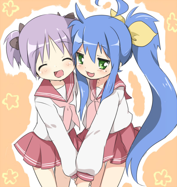 maruki (punchiki), hiiragi tsukasa, izumi konata, lucky star, bad id, bad pixiv id, 00s, 2girls, ahoge, alternate hairstyle, blue hair, closed eyes, green eyes, holding hands, long hair, mole, mole under eye, multiple girls, ponytail, purple hair, ribbon, school uniform, serafuku, short hair, short twintails, smile, twintails, very long hair