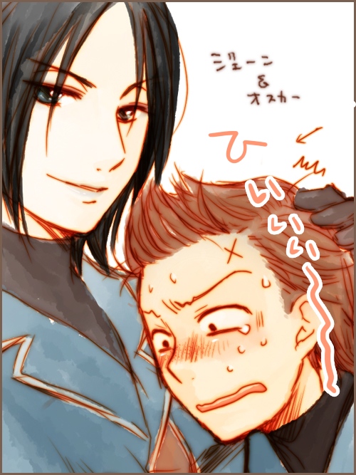 mino haru, minoharu, jane turner, oscar bielert, senjou no valkyria (series), senjou no valkyria 1, bad id, bad pixiv id, translated, 00s, black hair, brown hair, short hair