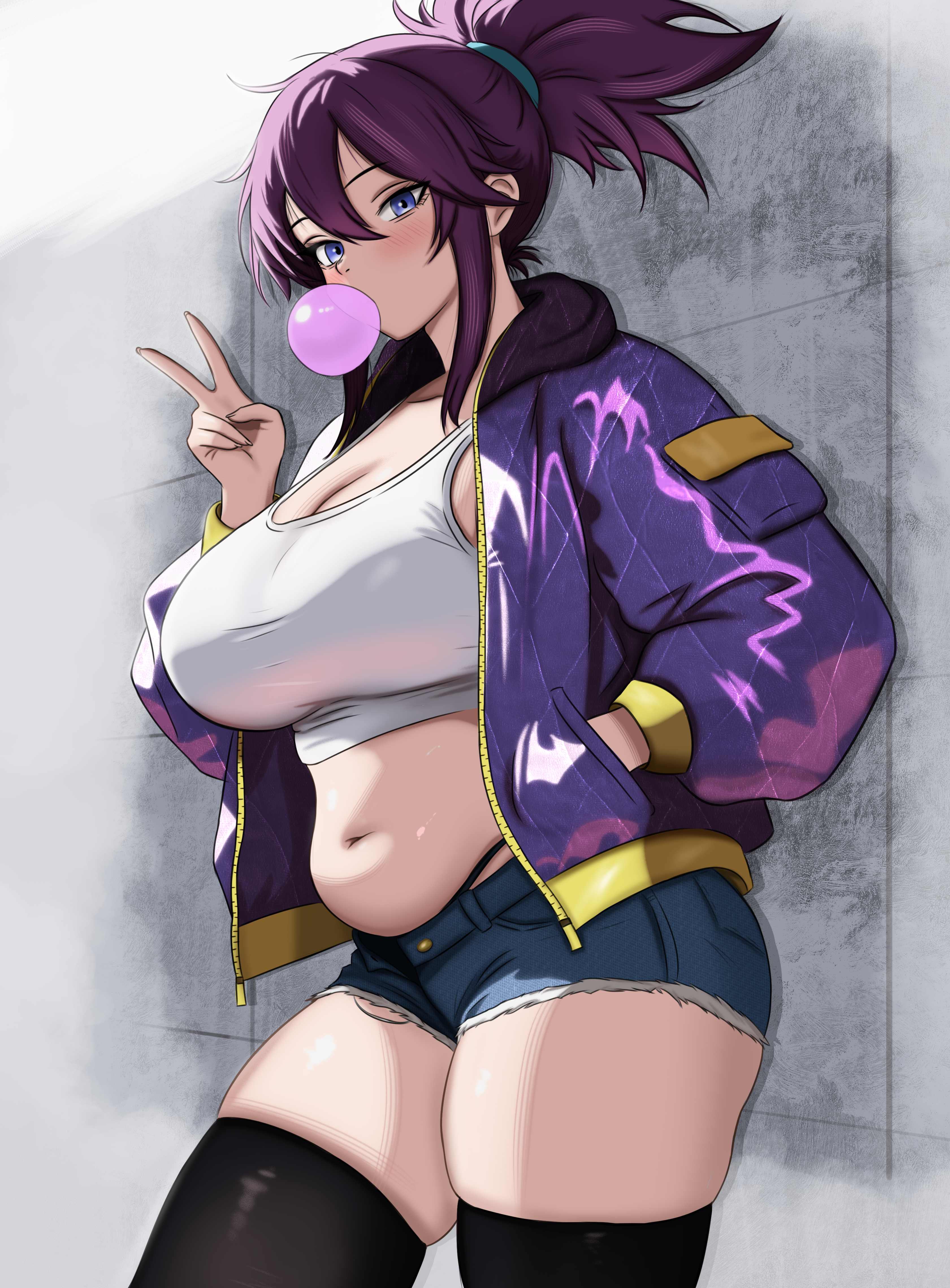 akali, k/da (league of legends), k/da akali, league of legends, absurdres, commission, highres, 1girl, breasts, chewing gum, cropped jacket, denim, denim shorts, highleg, highleg panties, idol, jacket, large breasts, midriff, mothdropcrowla, navel, open clothes, panties, plump, ponytail, purple hair, short shorts, shorts, solo, thighhighs, underwear, v