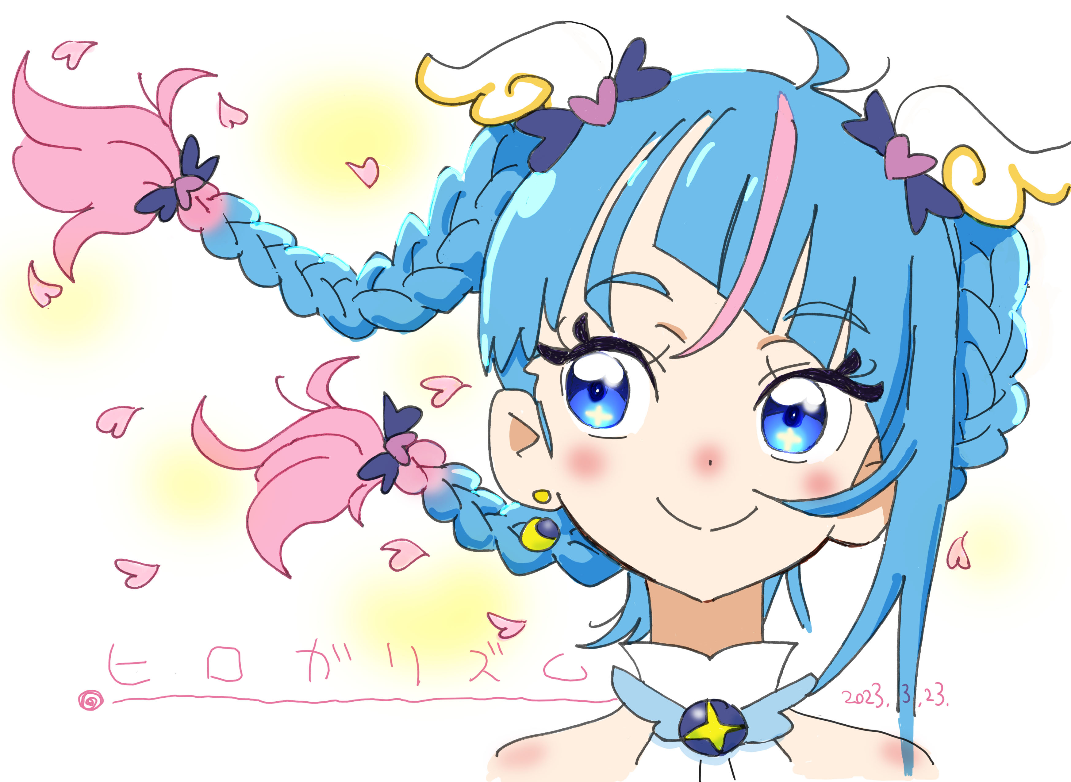 fussan senryobako, cure sky, sora harewataru, hirogaru sky! precure, precure, absurdres, commentary, highres, translated, 1girl, alternate hair length, alternate hairstyle, blue eyes, braid, brooch, cherry blossoms, closed mouth, cut bangs, dated, dress, earrings, gradient hair, hair ornament, jewelry, looking to the side, magical girl, multicolored hair, petals, portrait, single sidelock, sleeveless, sleeveless dress, smile, solo, streaked hair, twin braids, two-tone hair, white dress, wind, wing brooch, wing hair ornament