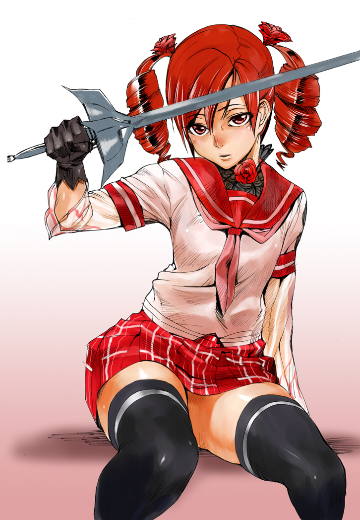 ashiomi masato, amy sorel, soul calibur, soulcalibur, soulcalibur iv, 1girl, artistic error, blood, drill hair, female focus, flower, gloves, pink eyes, plaid clothes, plaid skirt, rapier, red hair, rose, school uniform, short twintails, sitting, skirt, solo, sword, thighhighs, twintails, weapon, zettai ryouiki