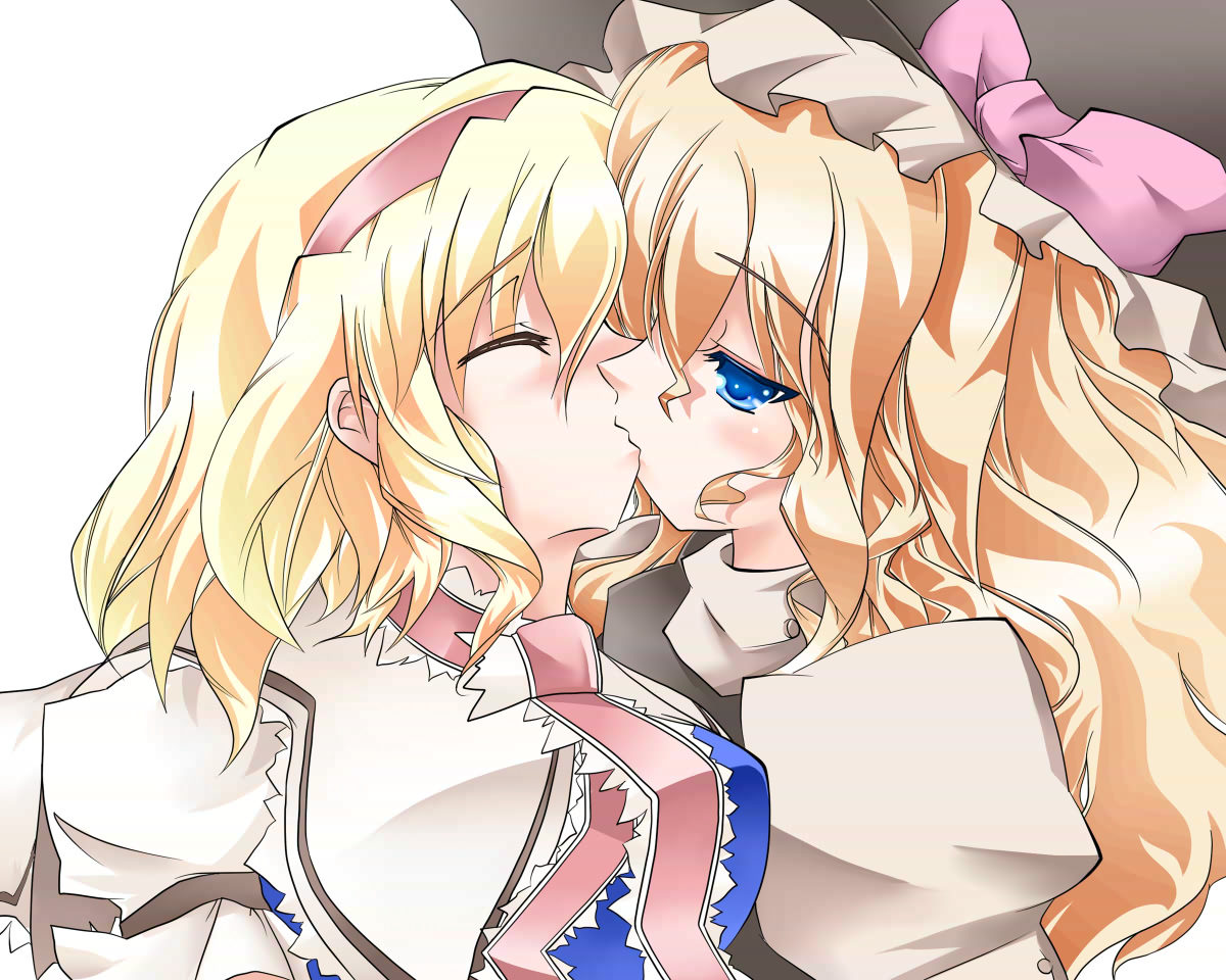 hazuki m, alice margatroid, kirisame marisa, touhou, 2girls, blonde hair, blue eyes, blush, bonnet, closed eyes, female focus, frills, hairband, kiss, long hair, multiple girls, short hair, yuri