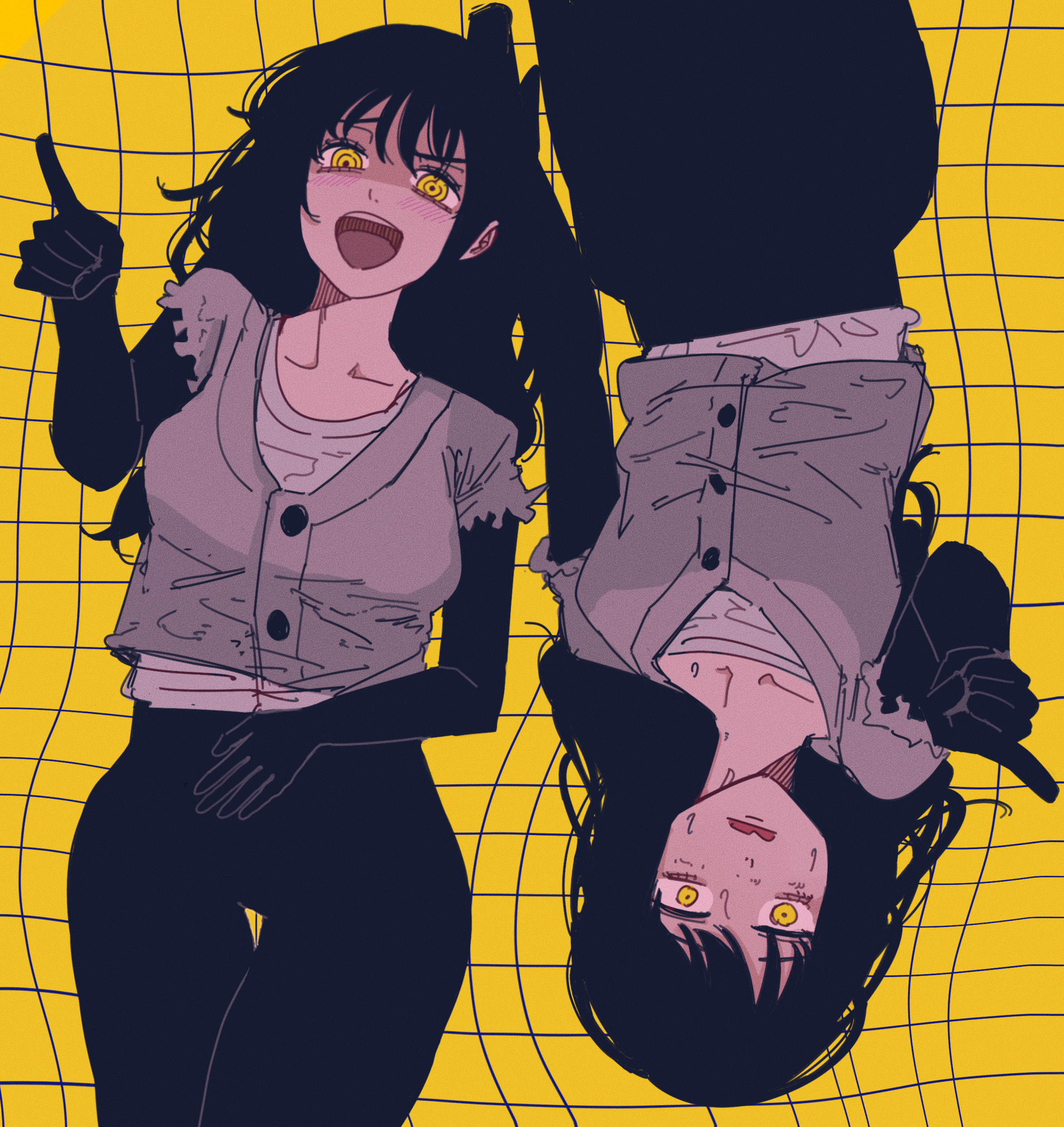 anno desu (tsukemonoumauma), mitaka asa, yoru (chainsaw man), chainsaw man, absurdres, commentary request, highres, 2girls, black gloves, black hair, black pants, breasts, collarbone, distortion, dual persona, elbow gloves, gloves, grid background, long hair, looking at viewer, medium breasts, multiple girls, nervous sweating, pants, pointing, pointing at viewer, ringed eyes, shaded face, shirt, smile, straight hair, sweat, thigh gap, upside-down, white shirt, wide-eyed, yellow background, yellow eyes