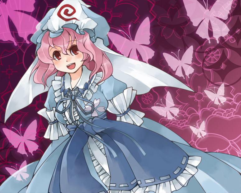 chachi, chachi (azuzu), saigyouji yuyuko, touhou, bad id, bad pixiv id, 1girl, bug, butterfly, dress, female focus, hat, pink hair, red eyes, short hair, solo