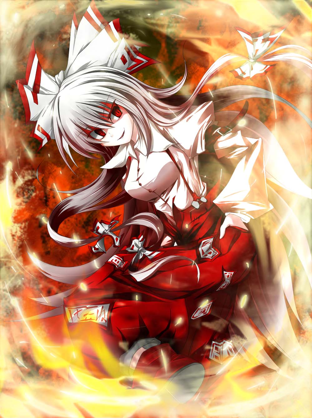 kanaria (fuusenkazura), fujiwara no mokou, touhou, silver hair, bad id, bad pixiv id, highres, 1girl, bow, female focus, fire, grin, hair bow, hands in pockets, long hair, red eyes, smile, solo, suspenders, very long hair