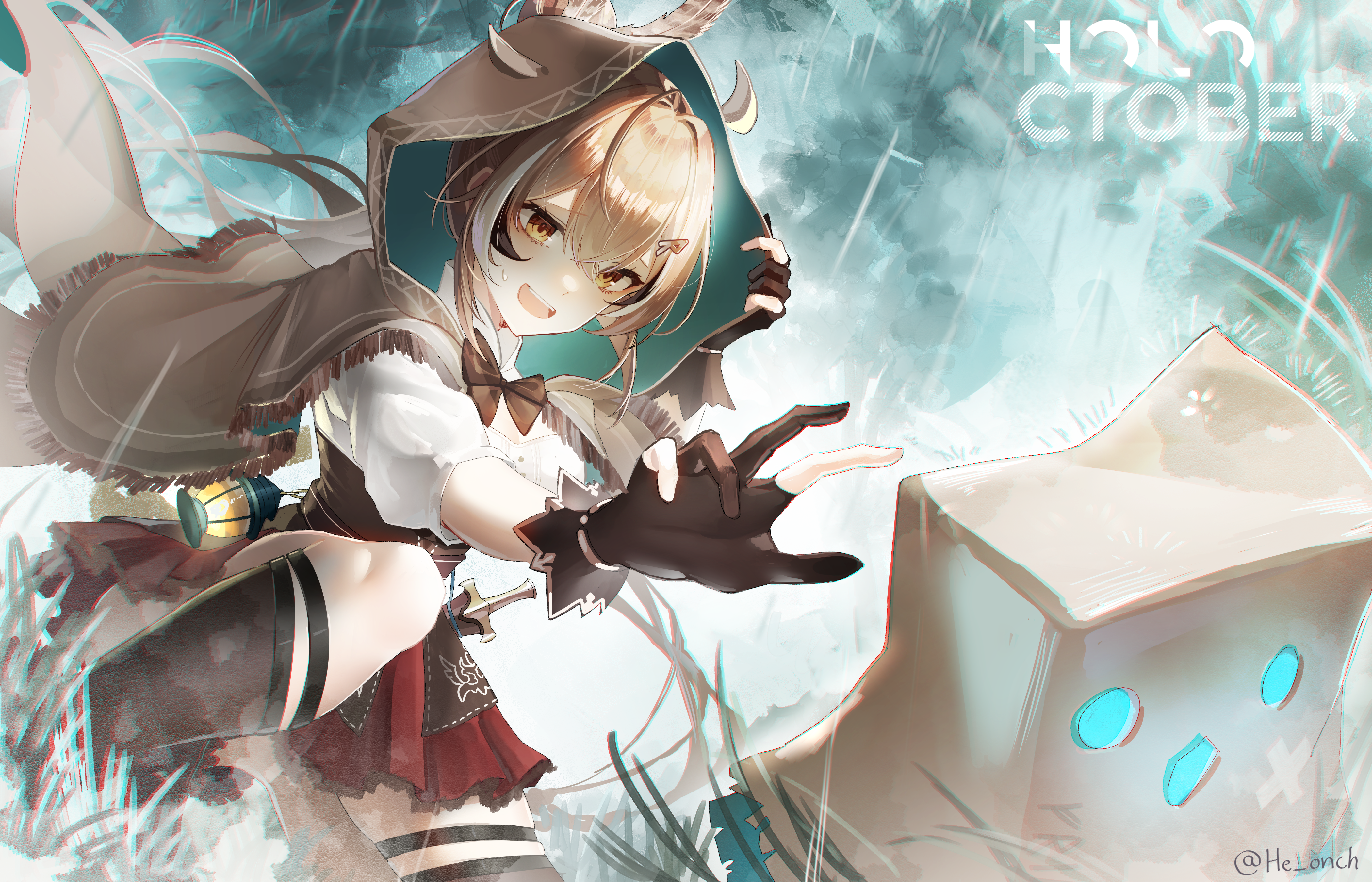 makigaihe, friend (nanashi mumei), nanashi mumei, nanashi mumei (1st costume), holocouncil, hololive, hololive english, absurdres, highres, 1girl, animal hood, artist name, brown capelet, brown cloak, brown corset, brown eyes, brown hair, capelet, cloak, corset, dagger, feather hair ornament, feathers, gloves, grass, hair between eyes, hair ornament, hairclip, hood, hood up, hooded capelet, kneeling, knife, lantern, long hair, multicolored hair, open hand, outdoors, outstretched arm, partially fingerless gloves, rain, skirt, streaked hair, thighhighs, virtual youtuber, weapon