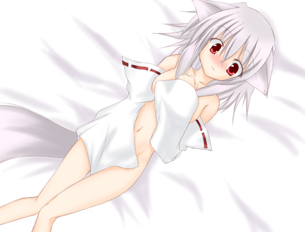 sakura tsuki, inubashiri momiji, touhou, silver hair, bad id, bad pixiv id, 1girl, animal ears, blush, detached sleeves, female focus, lying, nude, red eyes, solo, tail, wolf ears, wolf tail