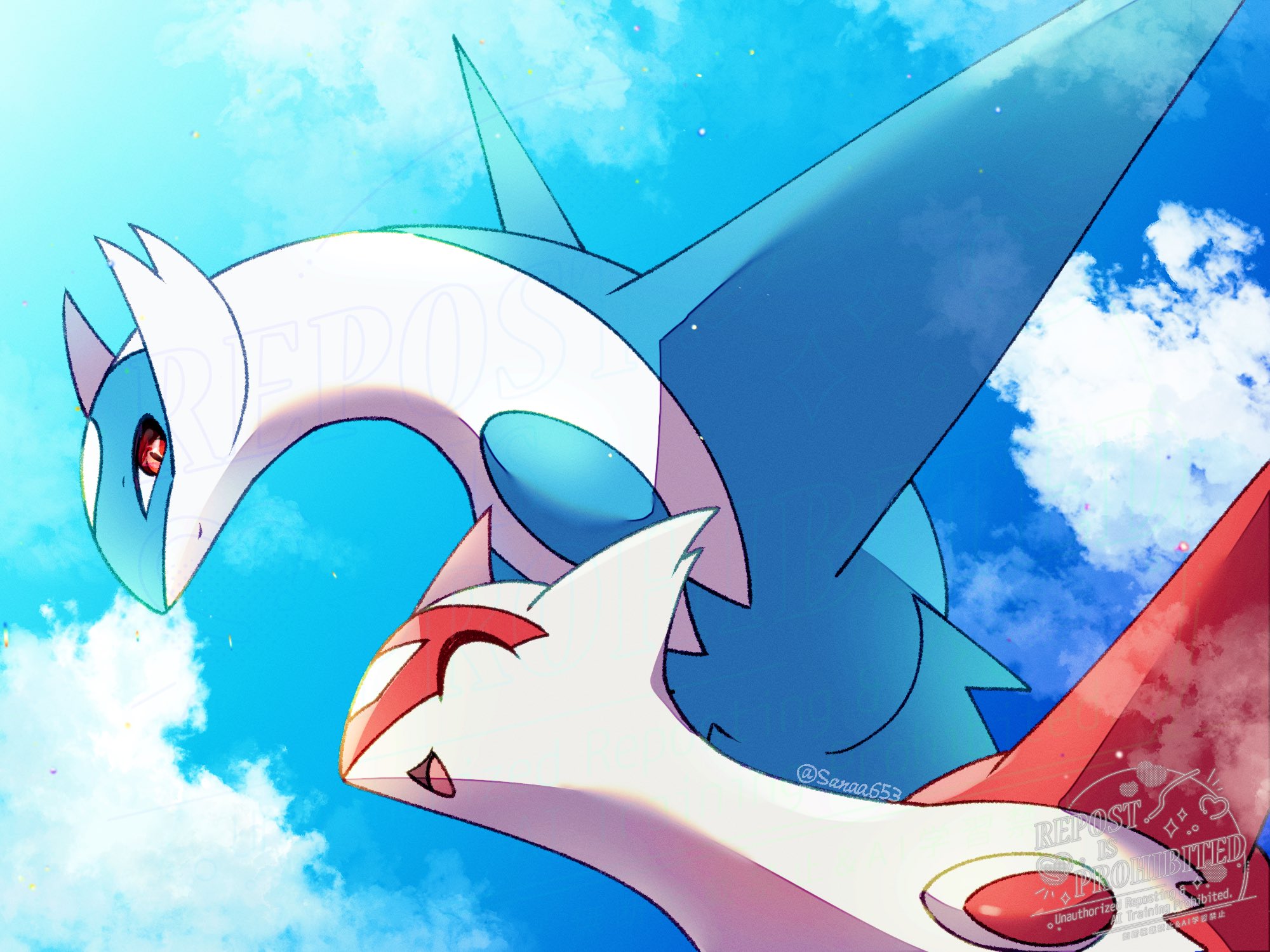 sana (sanaa653), latias, latios, nintendo, pokemon, highres, blue sky, closed eyes, closed mouth, cloud, day, dragon, gen 3 pokemon, legendary pokemon, no humans, open mouth, pokemon (creature), pokemon focus, red eyes, sky, smile, wings