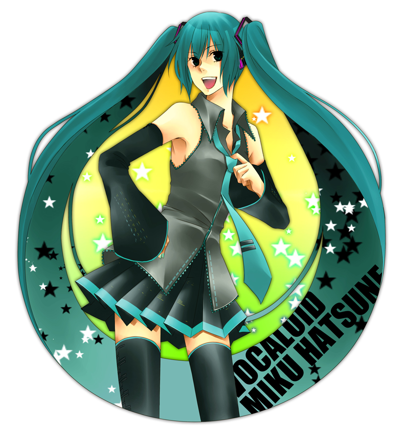 asami yoruko, hatsune miku, vocaloid, aqua hair, detached sleeves, long hair, necktie, skirt, solo, thighhighs, twintails