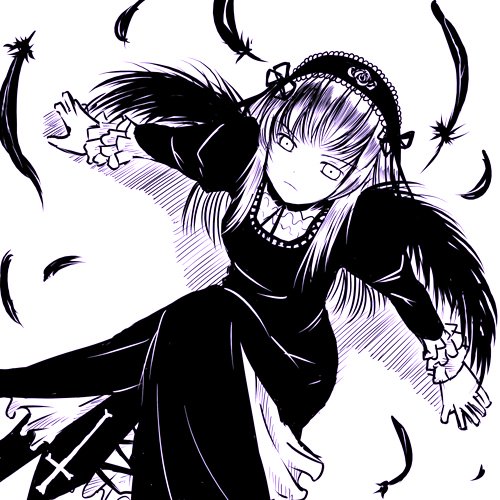 enokids, suigintou, rozen maiden, lowres, 00s, dress, feathers, frills, hairband, long hair, solo, wings