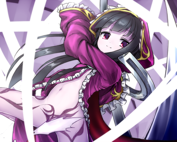 maou mikage, death alma, emil chronicle online, 1girl, black hair, body markings, breasts, convenient censoring, holding, holding scythe, hood, hooded jacket, hoodie, jacket, long hair, navel, no panties, purple eyes, purple hoodie, scythe, slashing, small breasts, solo