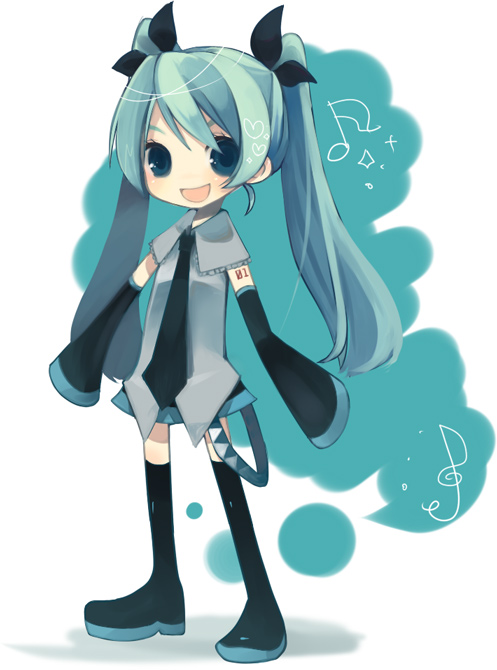 hagihara asami, hanacco, hatsune miku, vocaloid, bad id, bad pixiv id, 1girl, aqua eyes, aqua hair, detached sleeves, female focus, long hair, necktie, skirt, solo, thighhighs, twintails