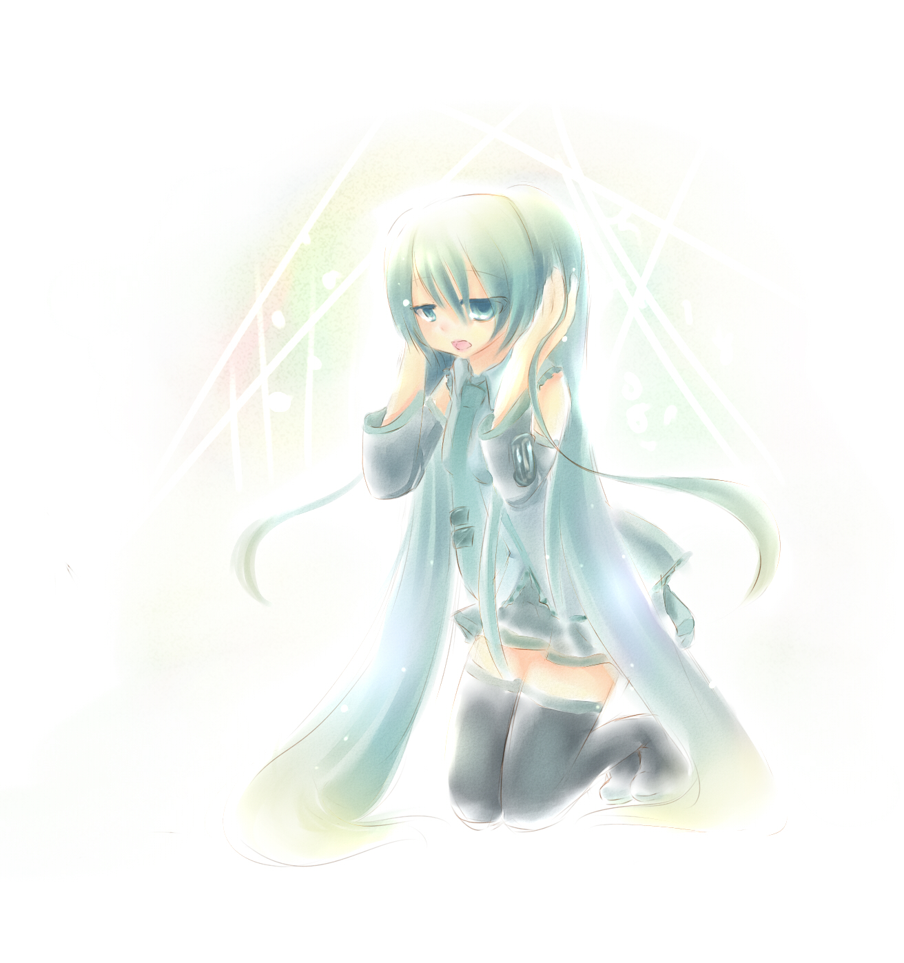 mashiron, hatsune miku, vocaloid, bad id, bad pixiv id, highres, aqua eyes, aqua hair, detached sleeves, kneeling, long hair, necktie, skirt, solo, thighhighs, twintails, very long hair