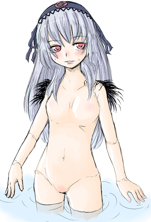 enokids, suigintou, rozen maiden, silver hair, 00s, 1girl, breasts, doll joints, female focus, hairband, joints, long hair, navel, nipples, no nipples, no pussy, nude, purple eyes, simple background, small breasts, solo, wading, water, white background, wings