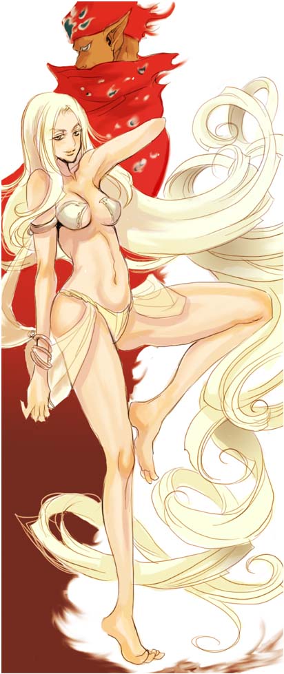 tae (artist), zdj, barbariccia, rubicante, final fantasy, final fantasy iv, 1990s (style), 1boy, 1girl, armpits, bandana, barefoot, bikini, blonde hair, cloak, feet, jewelry, long hair, lots of jewelry, swimsuit