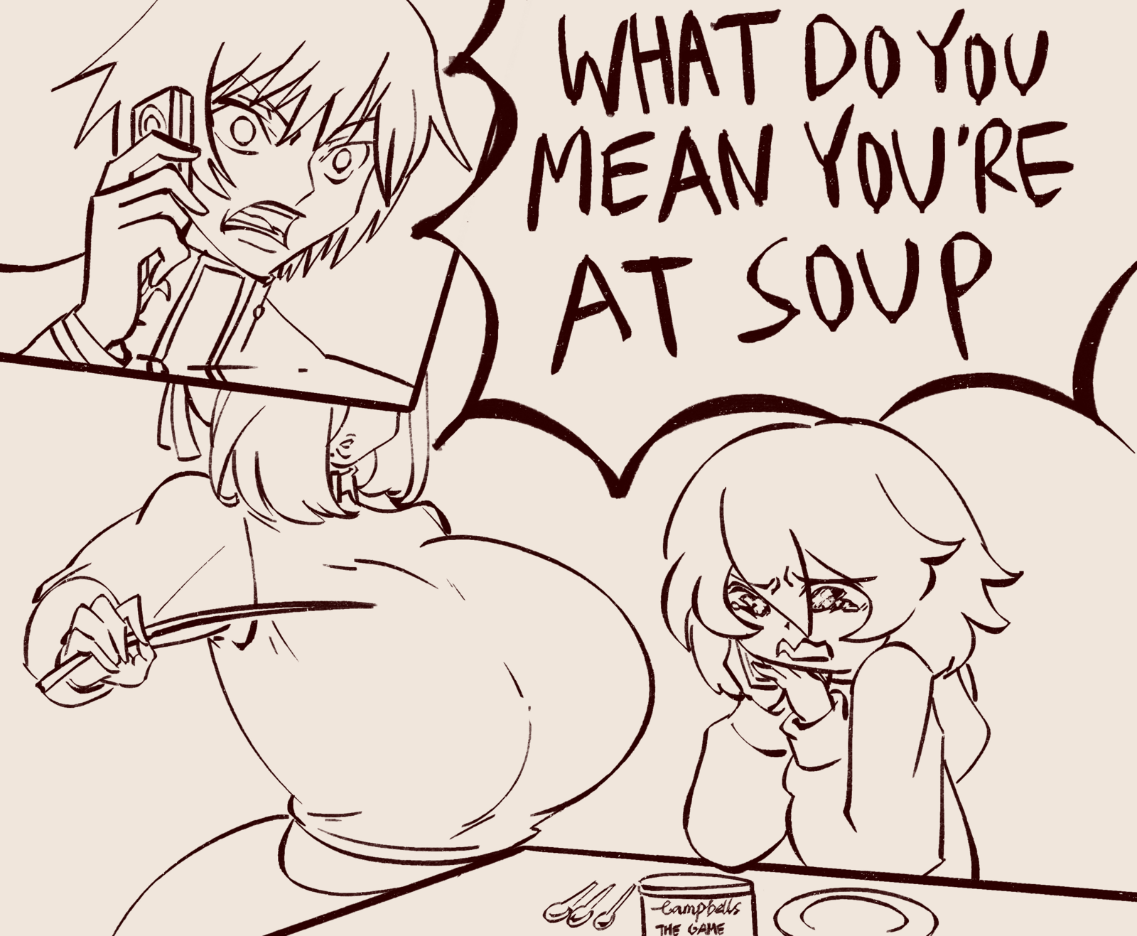 centurii-chan (character), lelouch vi britannia, martha (throtem), campbell's, code geass, original, derivative work, highres, 1boy, 2girls, breasts, crossover, drawegg, english text, furrowed brow, high contrast, holding, holding phone, huge breasts, i'm at soup (meme), lineart, long sleeves, maid, meme, multiple girls, open mouth, phone, plate, puckered lips, simple background, sitting, speech bubble, spoon, table, tearing up, the game (meme), v-shaped eyebrows, white background