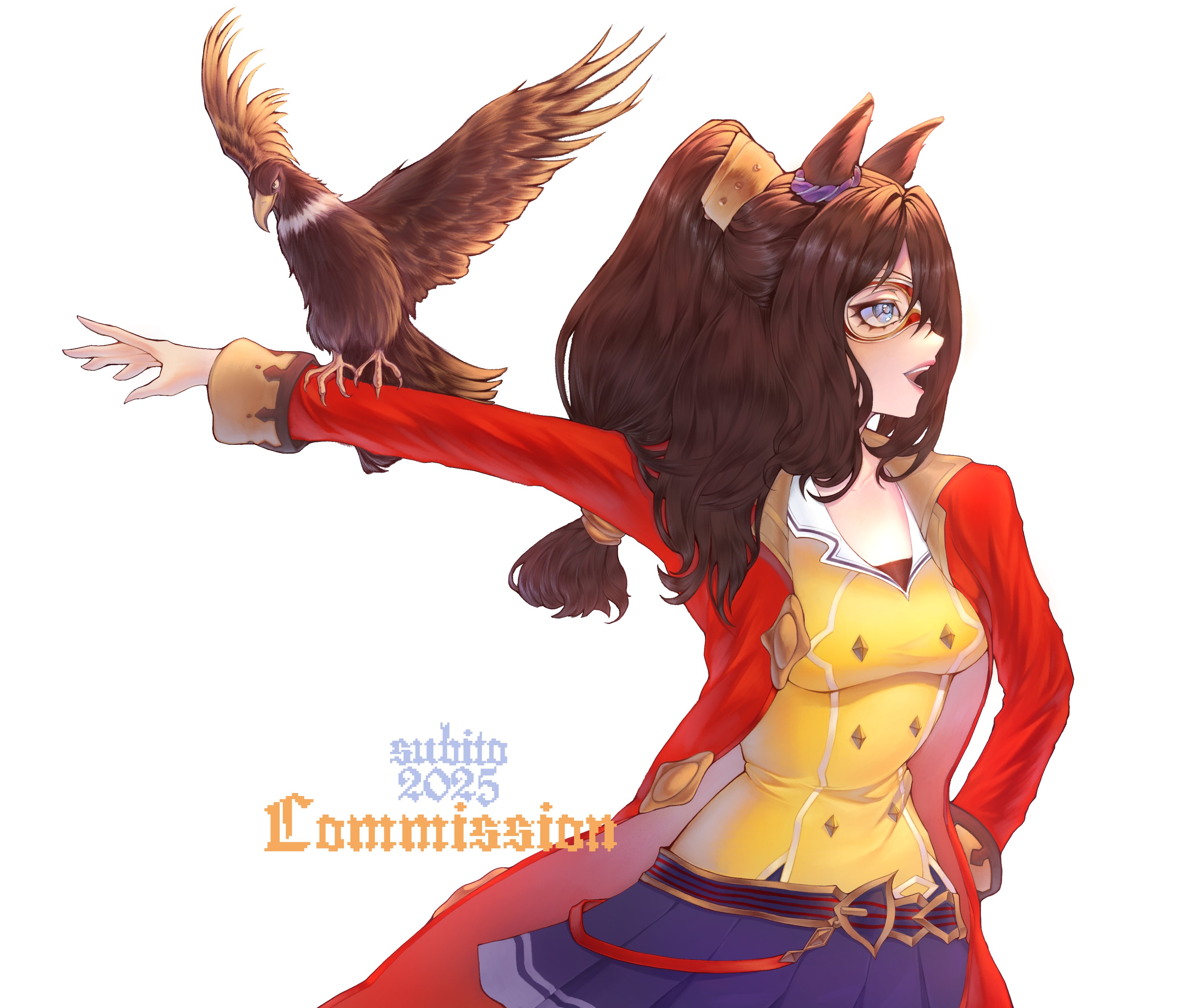 el condor pasa (el numero 1) (umamusume), el condor pasa (umamusume), mambo (umamusume), umamusume, absurdres, commission, highres, 1girl, animal ears, animal on arm, bird, bird on arm, blue eyes, blue skirt, breasts, brown hair, coat, domino mask, ear scrunchie, eye mask, hair between eyes, hawk, horse ears, horse girl, itssubito, jacket, long hair, long sleeves, mask, open mouth, pleated skirt, ponytail, red coat, red jacket, shirt, simple background, skirt, smile, yellow shirt