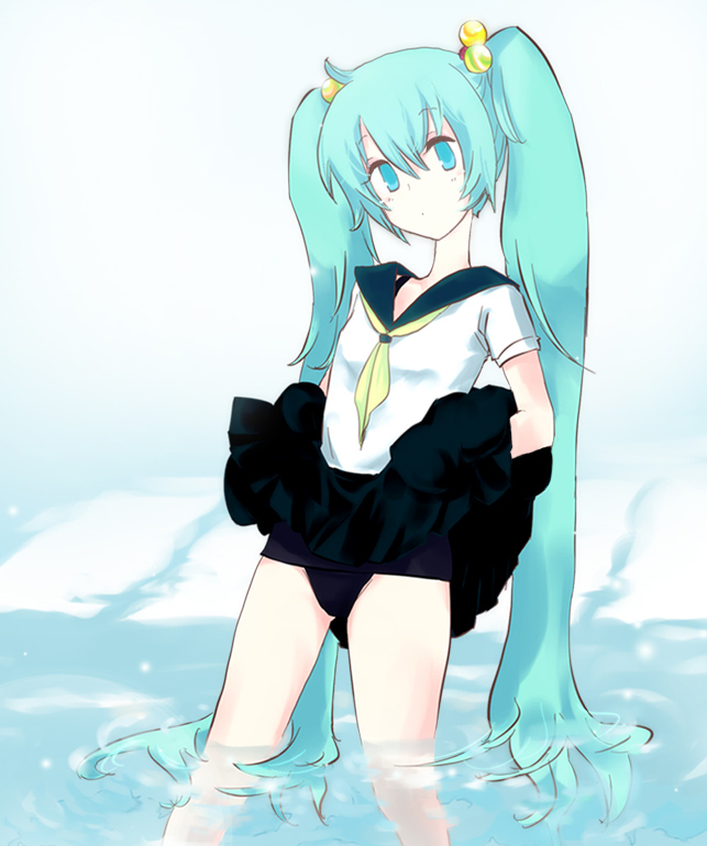 karasuma, sansou, hatsune miku, vocaloid, bad id, bad pixiv id, 1girl, aqua eyes, aqua hair, clothes lift, female focus, long hair, one-piece swimsuit, school swimsuit, school uniform, skirt, skirt hold, skirt lift, solo, swimsuit, swimsuit under clothes, twintails, very long hair, water