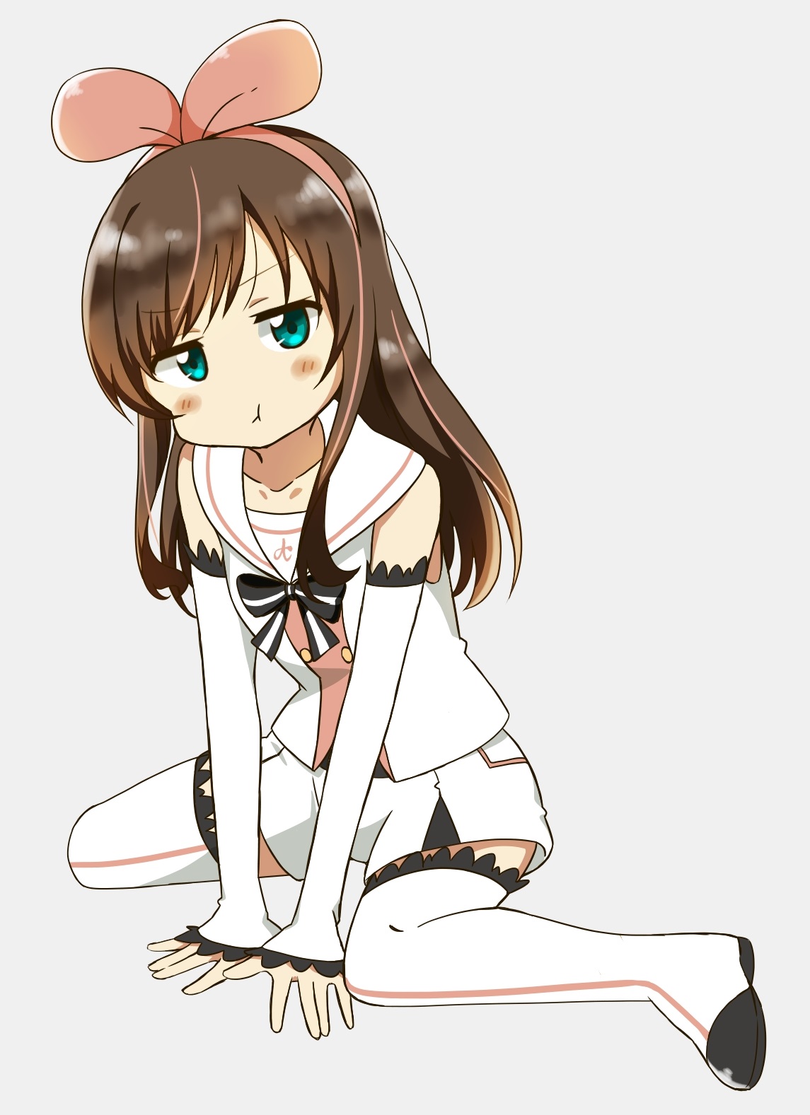 shigure (sigre), kizuna ai, kizuna ai (1st costume), kizuna ai inc., highres, 1girl, aged down, blue eyes, boots, brown hair, looking at viewer, puffy cheeks, sailor collar, shirt, shorts, solo, thigh boots, virtual youtuber, white boots, white sailor collar, white shirt, white shorts