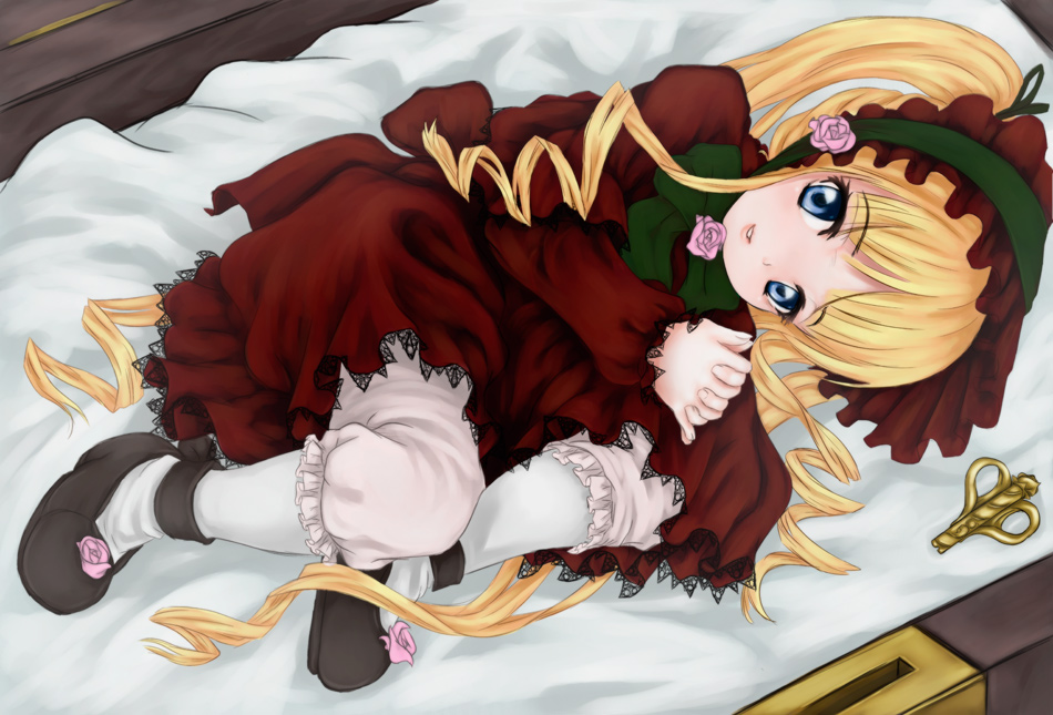 scharfschutze, shinku, rozen maiden, bad id, bad pixiv id, 00s, blonde hair, bloomers, blue eyes, bonnet, dress, drill hair, long hair, solo, underwear, very long hair