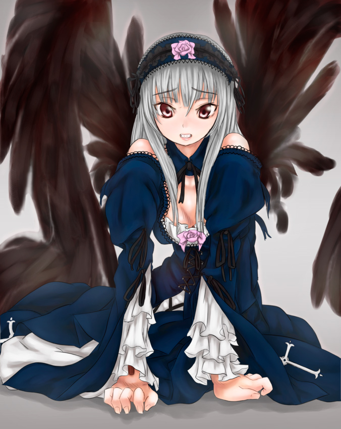 scharfschutze, suigintou, rozen maiden, silver hair, bad id, bad pixiv id, 00s, 1girl, breasts, brown eyes, dress, female focus, frills, hairband, small breasts, solo, wings