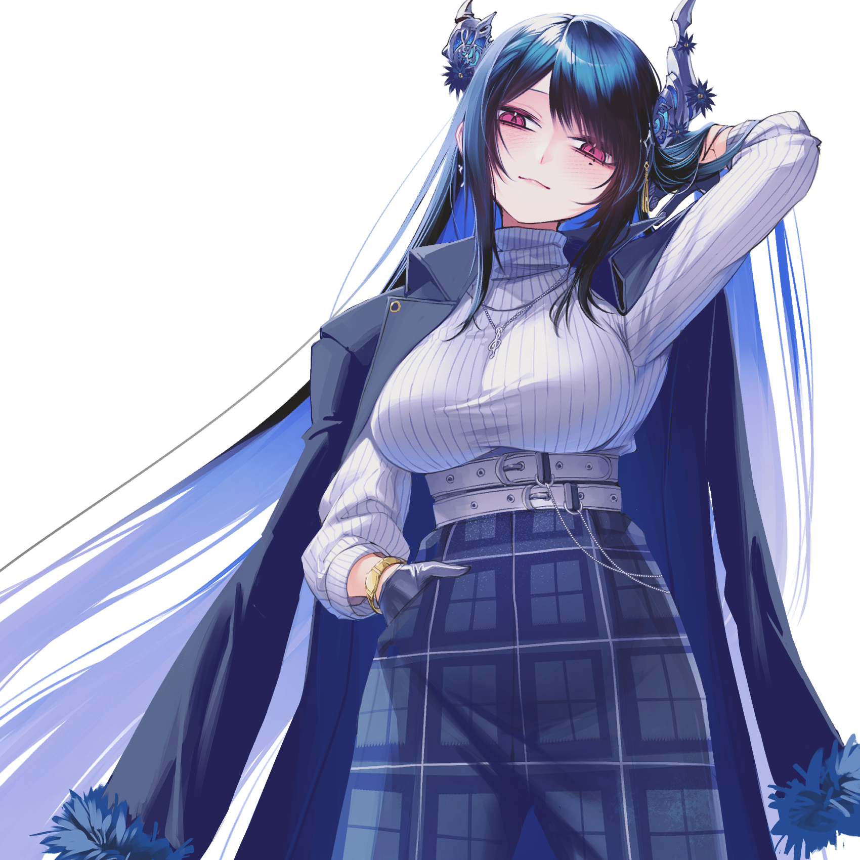 curry bowl, nerissa ravencroft, hololive, hololive english, highres, 1girl, arm behind head, asymmetrical horns, black coat, black hair, blue hair, blue pants, breasts, coat, coat on shoulders, cowboy shot, demon horns, hand in pocket, horns, large breasts, long hair, mole, mole under eye, multicolored hair, pants, purple eyes, simple background, solo, sweater, two-tone hair, uneven horns, very long hair, virtual youtuber, white background, white sweater