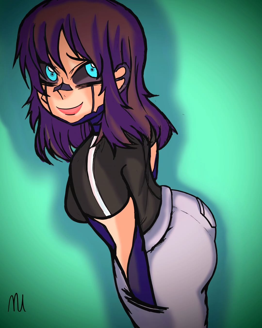 mayaafterdark, original, commentary, english commentary, highres, 1girl, ahoge, artist name, ass, back, black sclera, black shirt, blue eyes, breasts, brown hair, colored sclera, glowing, glowing eyes, grey pants, hand in pocket, lips, long hair, looking back, looking to the side, maya (mayaafterdark), pants, pocket, shark tooth, shirt, signature, simple background, single tooth, smile, solo, sweatpants
