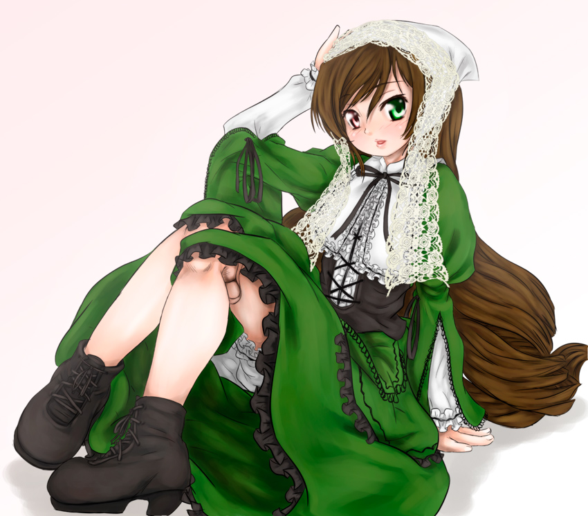 scharfschutze, suiseiseki, rozen maiden, bad id, bad pixiv id, 00s, bloomers, brown hair, doll joints, dress, hairband, headscarf, heterochromia, joints, long hair, shoes, solo, underwear, white headscarf