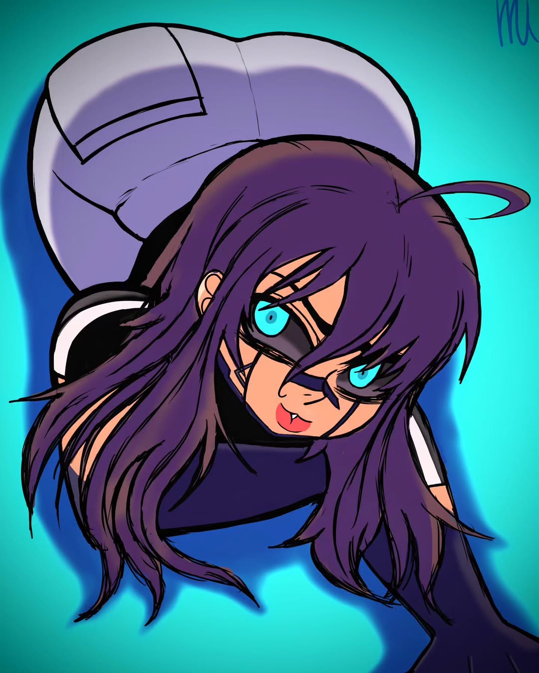 mayaafterdark, original, highres, 1girl, ahoge, artist name, ass, black sclera, black shirt, blue eyes, brown hair, colored sclera, glowing, glowing eyes, grey pants, long hair, maya (mayaafterdark), pants, pocket, shark tooth, shirt, signature, simple background, single tooth, smile, solo, sweatpants