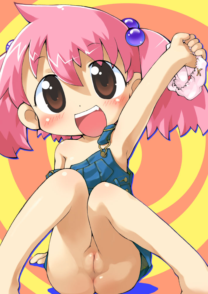 sakurabe notos, pepiko, original, 1girl, anus, armpits, ass, barefoot, blush, bottomless, brown eyes, cleft of venus, fang, female focus, hair bobbles, hair ornament, holding, holding panties, holding underwear, holding unworn clothes, loli, naked overalls, no panties, overalls, panties, pink hair, pussy, short hair, sitting, smile, solo, strap slip, twintails, uncensored, underwear, unworn panties, upskirt