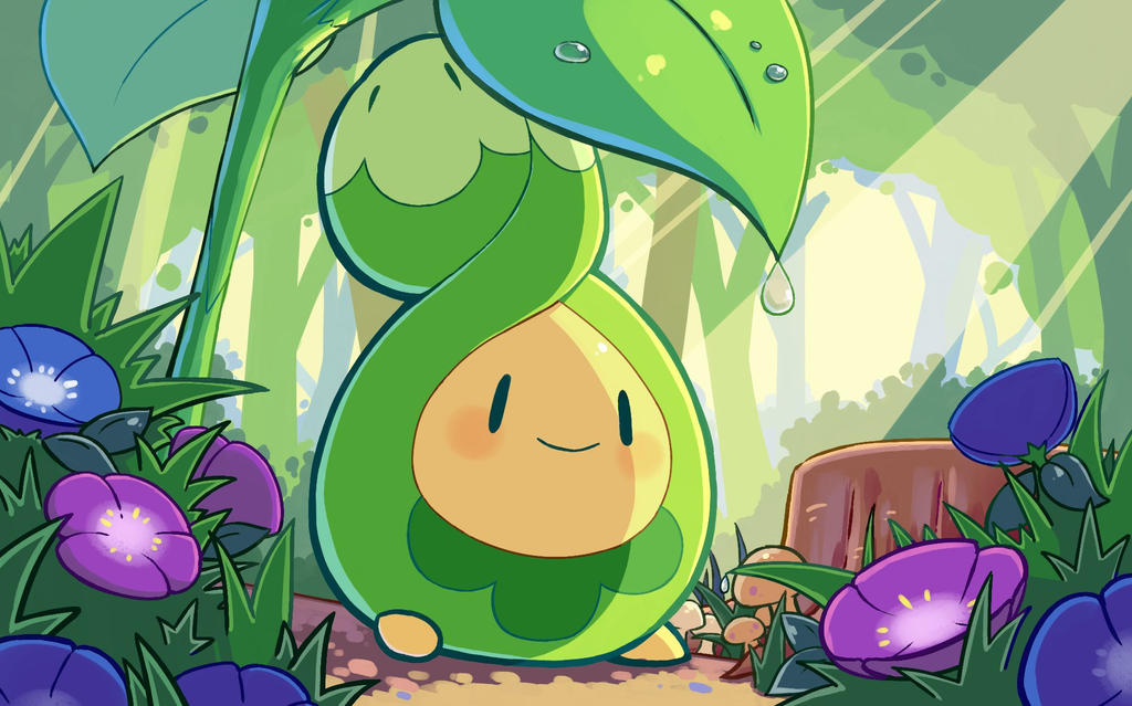 aquabluu, budew, nintendo, pokemon, commentary, english commentary, blush, closed mouth, dew drop, flower, gen 4 pokemon, grass, light rays, mushroom, nature, no humans, outdoors, pokemon (creature), pokemon focus, purple flower, sitting, smile, solo, tree, tree stump, water, water drop, | |