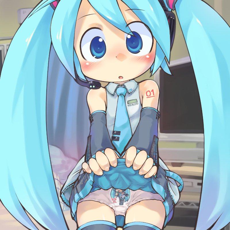 sakurabe notos, hatsune miku, vocaloid, bad id, bad pixiv id, 1girl, :o, aqua hair, blue eyes, blue hair, blue necktie, blue skirt, blue thighhighs, blush, body writing, character panties, character print, chibi, clothes lift, clothes writing, copyright name, cowboy shot, detached sleeves, eyes visible through hair, female focus, grey shirt, hair between eyes, headphones, indoors, lifting own clothes, long hair, looking at viewer, microphone, monitor, necktie, open mouth, panties, print clothes, print panties, print underwear, shirt, shirt writing, skirt, skirt lift, sleeveless, solo, standing, thighhighs, twintails, underwear, very long hair, white panties