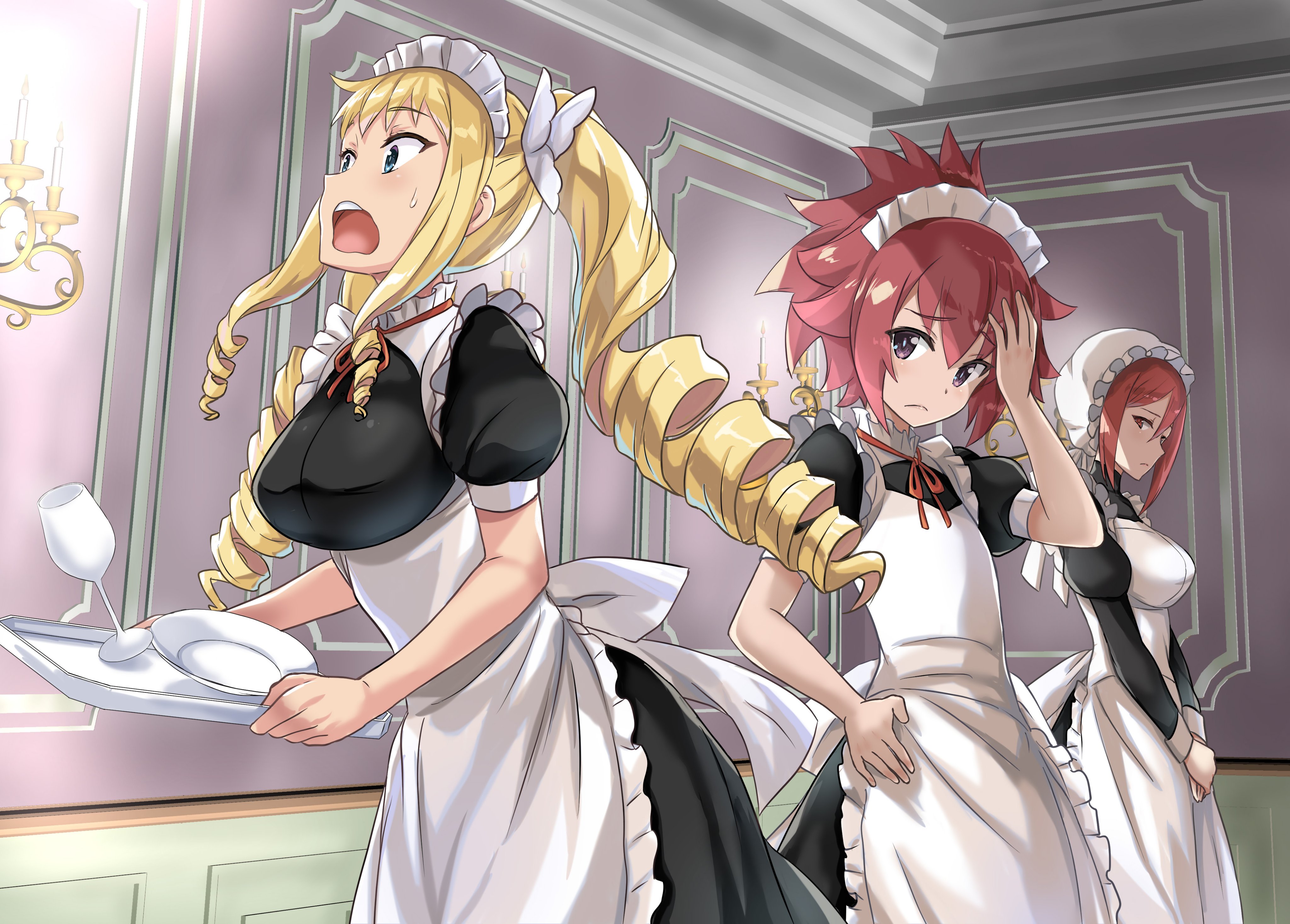 mutsumi masato, kuro no senki, absurdres, character request, commentary request, highres, novel illustration, official art, second-party source, 3girls, apron, blonde hair, blue eyes, bonnet, cup, drill hair, drinking glass, hair between eyes, hand on own hip, hand to forehead, holding, holding tray, indoors, juliet sleeves, long sleeves, maid, maid apron, maid headdress, multiple girls, open mouth, plate, puffy short sleeves, puffy sleeves, purple eyes, quad drills, red eyes, red hair, short sleeves, sidelocks, sweatdrop, tray, v arms, white bonnet, wine glass