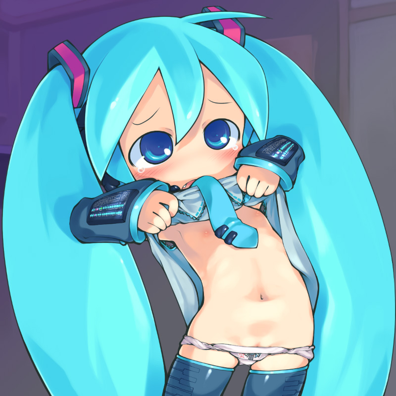 sakurabe notos, hatsune miku, vocaloid, blue tie, bad id, bad pixiv id, 1girl, aqua eyes, aqua hair, blue eyes, blue hair, blush, boots, bottomless, cleft of venus, clitoris slip, clothes lift, detached sleeves, fang, female focus, flat chest, headphones, loli, long hair, matching hair/eyes, microphone, navel, necktie, nipples, no pants, panties, pussy, pussy peek, shirt lift, solo, tears, thighhighs, twintails, underwear, very long hair