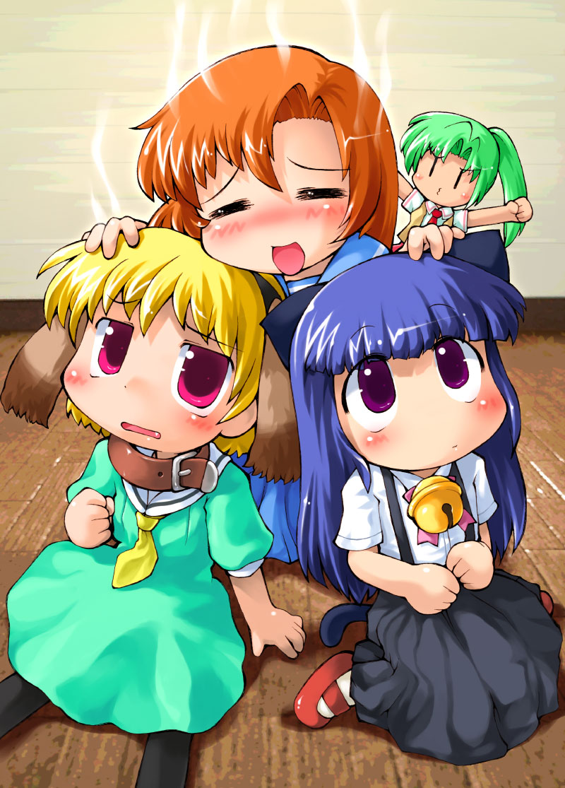 sakurabe notos, furude rika, houjou satoko, ryuuguu rena, sonozaki mion, higurashi no naku koro ni, 00s, 4girls, animal ears, bell, blonde hair, blue hair, blush, cat ears, chibi, closed eyes, collar, dog ears, fang, green hair, green skirt, long hair, multiple girls, neck bell, orange hair, pantyhose, pink eyes, purple eyes, short hair, skirt, steam, take it home