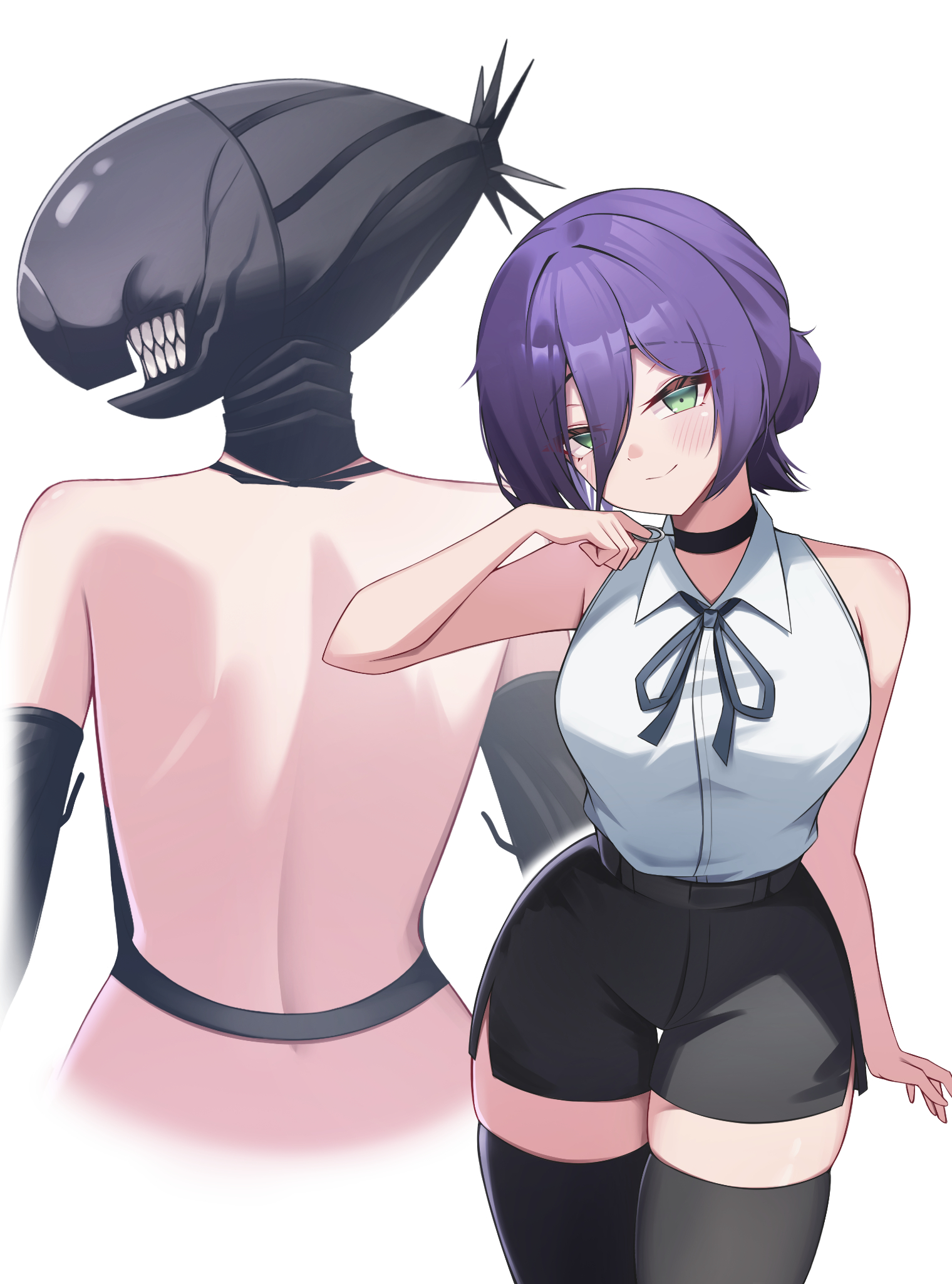 puleudingding, bomb devil (chainsaw man), reze (chainsaw man), chainsaw man, highres, 1girl, black choker, black ribbon, black shorts, black thighhighs, choker, closed mouth, green eyes, grenade pin, hair between eyes, hair bun, looking at viewer, neck ribbon, object head, purple hair, ribbon, shirt, shirt tucked in, short shorts, shorts, simple background, sleeveless, sleeveless shirt, smile, thighhighs, white background, white shirt