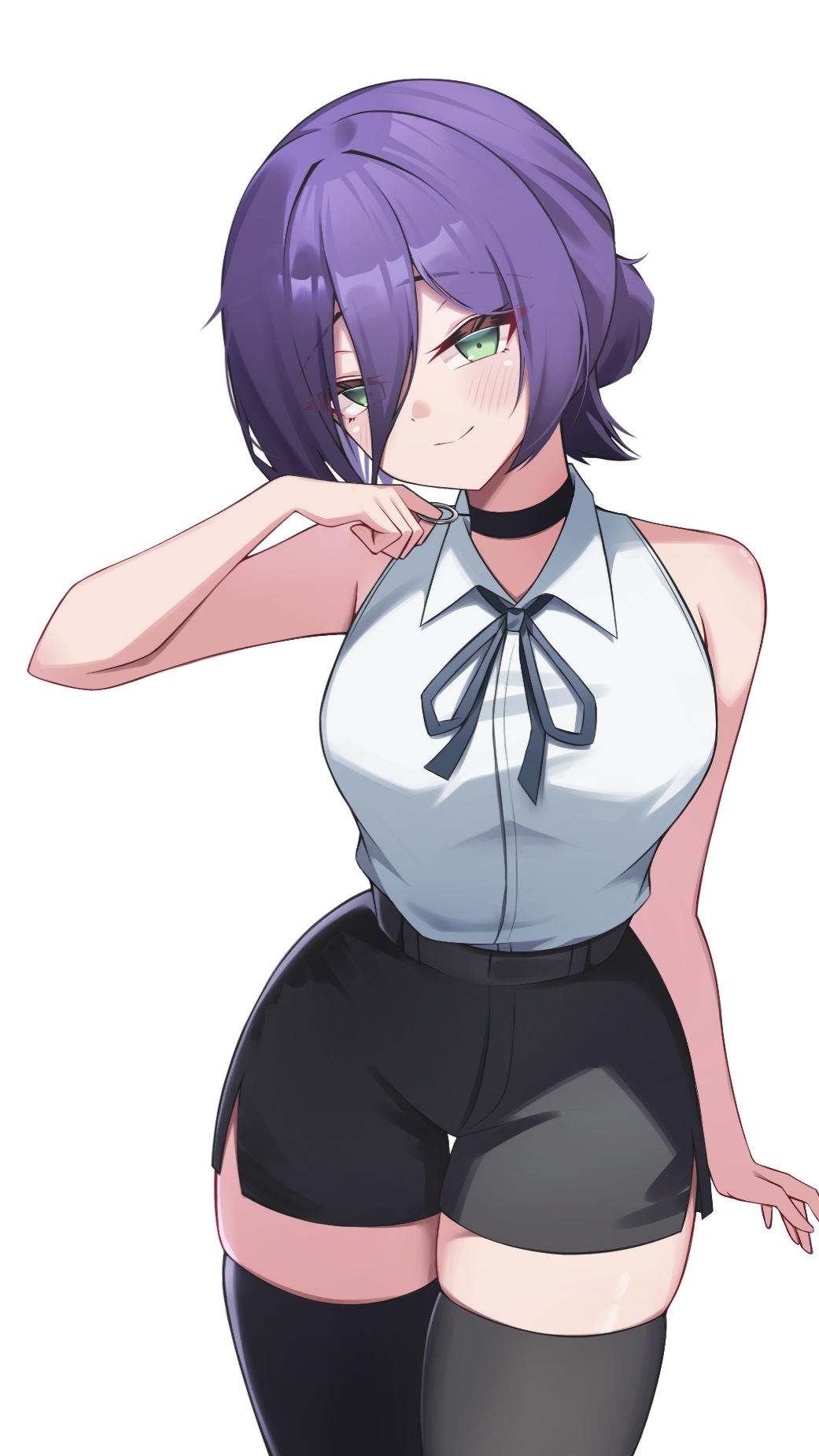 puleudingding, reze (chainsaw man), chainsaw man, highres, 1girl, black choker, black ribbon, black shorts, black thighhighs, choker, closed mouth, green eyes, grenade pin, hair between eyes, hair bun, looking at viewer, neck ribbon, purple hair, ribbon, shirt, shirt tucked in, short shorts, shorts, simple background, sleeveless, sleeveless shirt, smile, solo, thighhighs, white background, white shirt