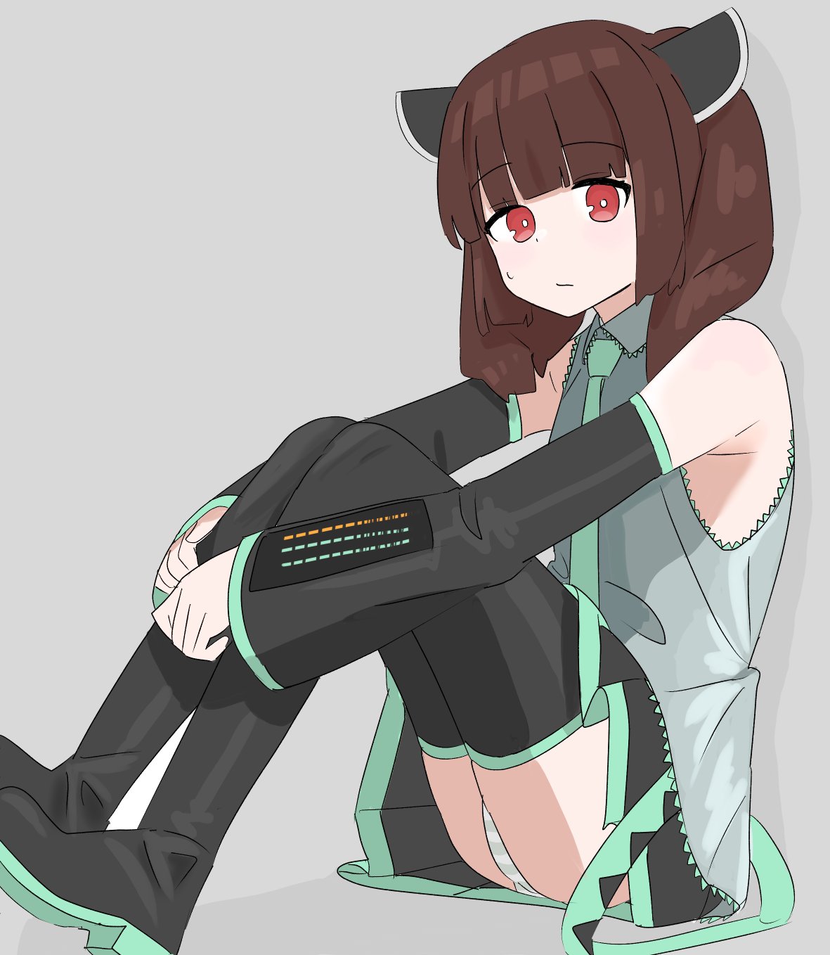 tuitou, hatsune miku, touhoku kiritan, vocaloid, voiceroid, commentary request, highres, 1girl, black boots, black skirt, black sleeves, blue necktie, blunt bangs, boots, brown hair, closed mouth, collared shirt, cosplay, detached sleeves, expressionless, flat chest, grey background, grey panties, grey shirt, hands on own knees, hatsune miku (cosplay), headgear, looking at viewer, medium hair, miniskirt, necktie, panties, pantyshot, pleated skirt, red eyes, shirt, simple background, sitting, skirt, sleeveless, sleeveless shirt, solo, striped clothes, striped panties, thigh boots, underwear