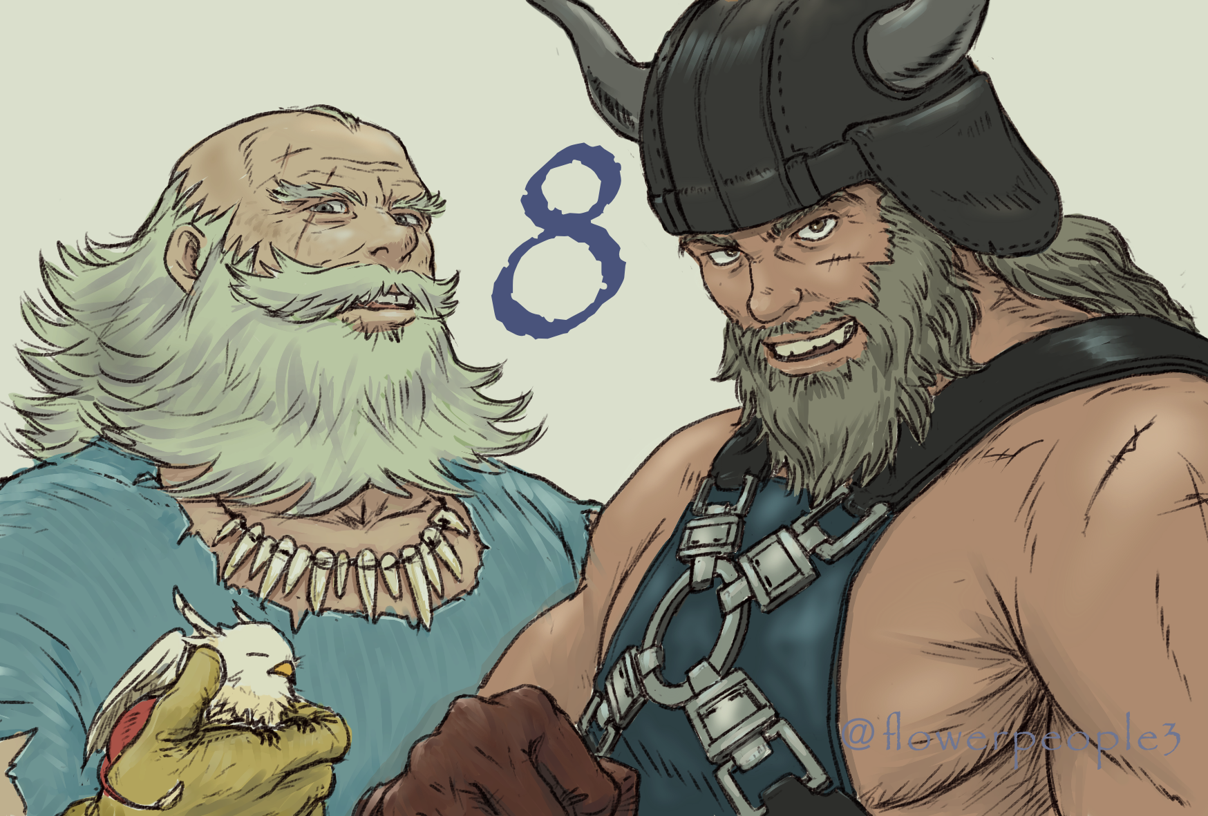 windcaller, ganpp vochstein, tactics ogre, highres, 2boys, animal, beard, bird, brown gloves, facial hair, fake horns, gloves, grey hair, helmet, holding, holding animal, holding bird, horned helmet, horns, jewelry, long hair, male focus, multiple boys, muscular, muscular male, necklace, o-ring, old, old man, scar, scar across eye, scar on face, xapan illudas