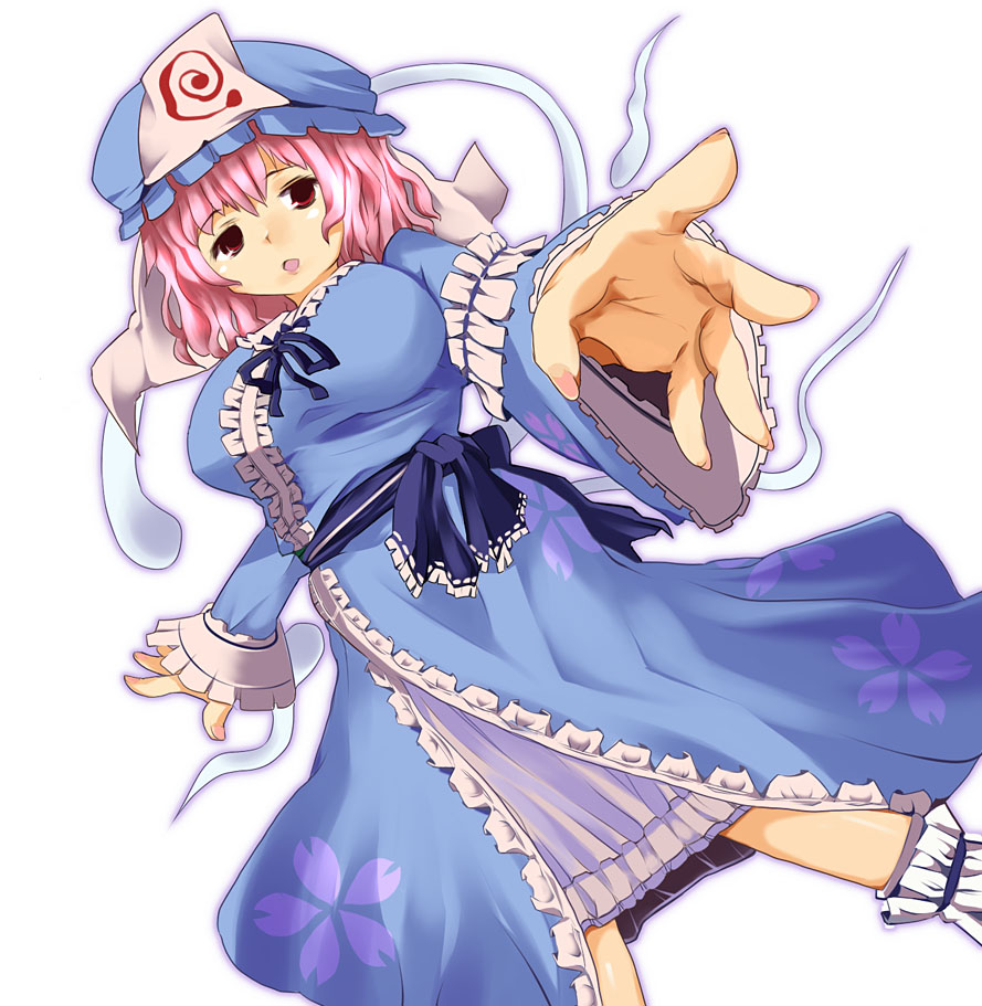 sasago kaze, saigyouji yuyuko, touhou, 1girl, breasts, female focus, ghost, hat, hitodama, japanese clothes, kimono, large breasts, long sleeves, looking at viewer, mob cap, pink eyes, pink hair, short hair, simple background, solo, triangular headpiece, white background