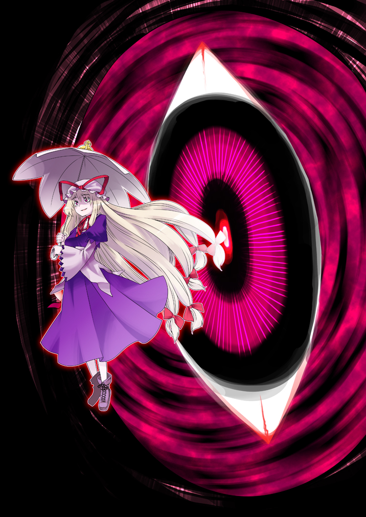 gengorou, yakumo yukari, touhou, bad id, bad pixiv id, 1girl, blonde hair, dress, female focus, gap (touhou), hat, long hair, solo, umbrella