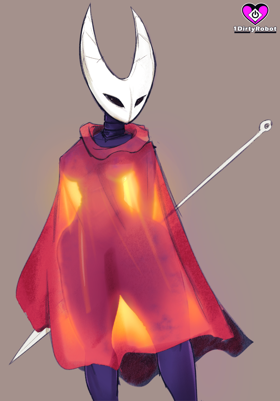 hornet (hollow knight), hollow knight, hollow knight: silksong, highres, tagme, 1dirtyrobot, arms behind back, arthropod girl, breasts, cape, collarbone, covered erect nipples, exoskeleton, holding, holding weapon, horns, large breasts, looking to the side, red cape, see-through clothes, silhouette, simple background, tall female, thick thighs, thighs, weapon, wide hips