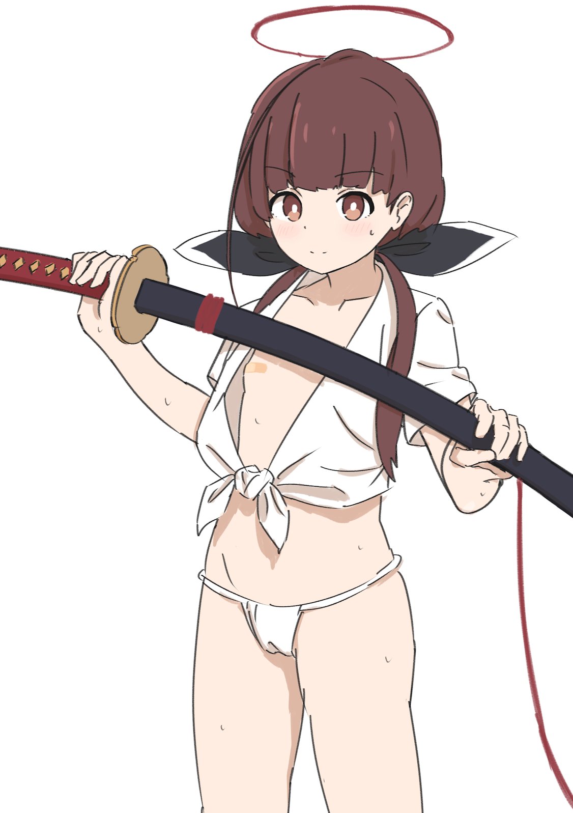 tuitou, ohitome kohane, project kv, hashtag-only commentary, highres, 1girl, bandaid, bandaids on nipples, blush, brown eyes, brown hair, closed mouth, cowboy shot, flat chest, fundoshi, halo, holding, holding sword, holding weapon, japanese clothes, katana, long hair, looking at viewer, low twintails, pasties, red halo, shirt, simple background, smile, solo, sword, tied shirt, twintails, weapon, white background, white shirt