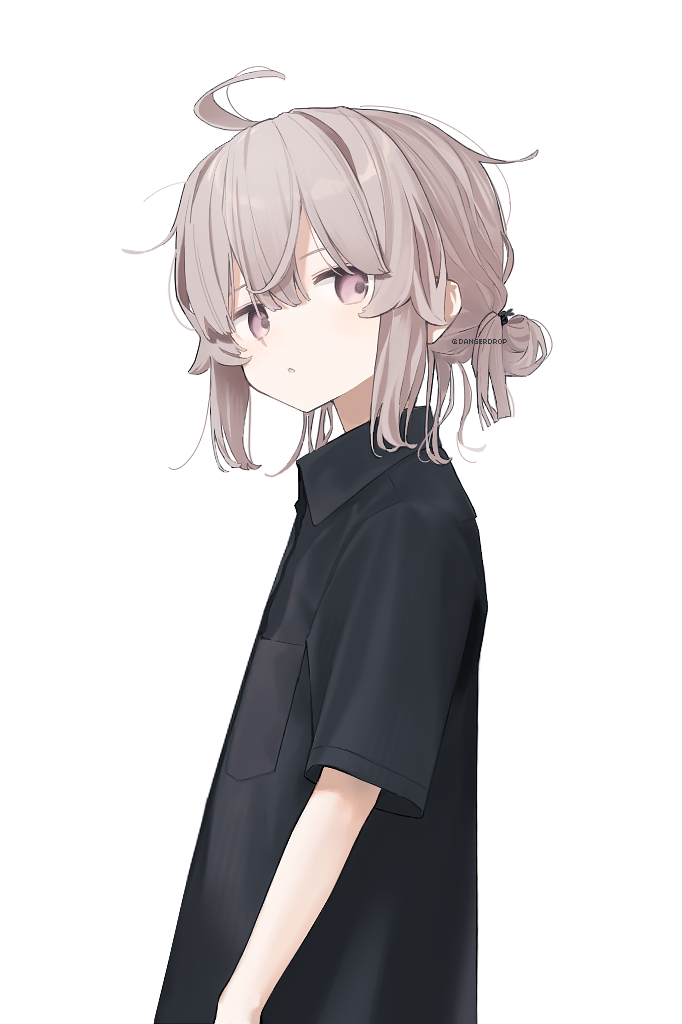 astg, m200 (girls' frontline), girls' frontline, alt text, commentary, 1girl, ahoge, black shirt, collared shirt, from side, grey hair, hair between eyes, looking at viewer, medium hair, messy hair, official artist extra, parted lips, ponytail, purple eyes, shirt, short sleeves, solo, twitter username, upper body
