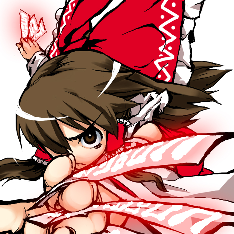 gengorou, hakurei reimu, imperishable night, touhou, bad id, bad pixiv id, 1girl, brown eyes, brown hair, female focus, hair over one eye, long hair, ofuda, solo, talismans, white background