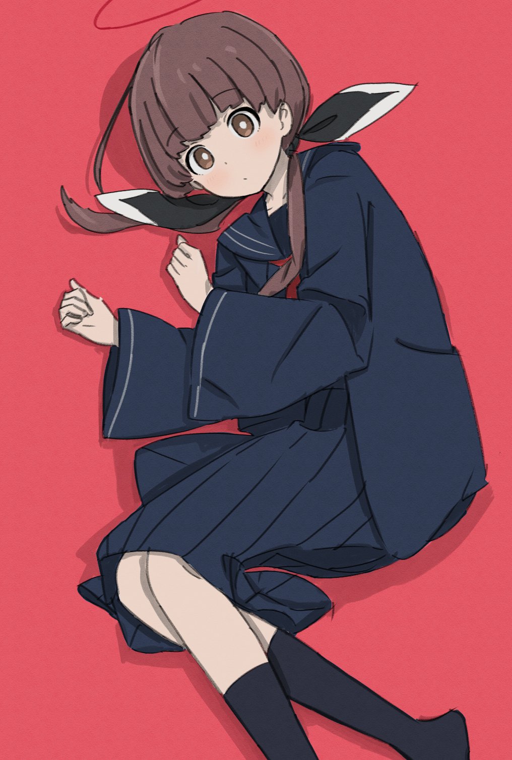 tuitou, ohitome kohane, project kv, highres, 1girl, black socks, blue shirt, blue skirt, blush, brown eyes, brown hair, closed mouth, expressionless, feet out of frame, halo, long hair, long sleeves, looking at viewer, low twintails, lying, neckerchief, on side, pleated skirt, red background, red halo, red neckerchief, school uniform, serafuku, shirt, simple background, skirt, skirt set, socks, solo, twintails