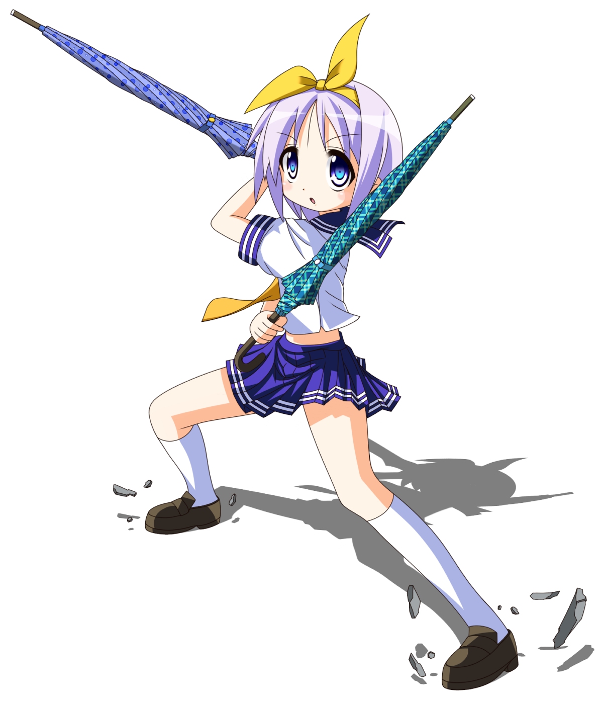 rindou (awoshakushi), hiiragi tsukasa, kadokawa shoten, lucky star, highres, 00s, 1girl, bow, closed umbrella, dual wielding, female focus, fighting stance, glowing, glowing eyes, holding, kneehighs, midriff, purple eyes, purple hair, school uniform, serafuku, skirt, socks, solo, umbrella