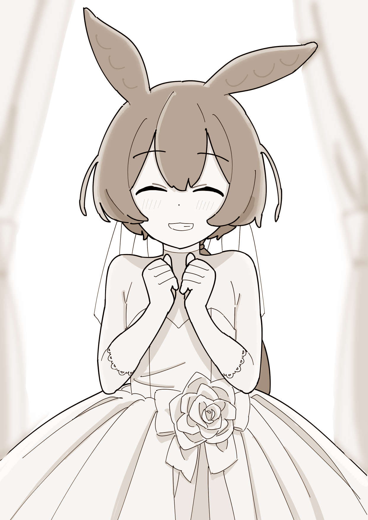 tuitou, zundamon, voiceroid, voicevox, commentary request, highres, 1girl, alternate costume, blush, brown theme, closed eyes, dress, flat chest, flower, gloves, grin, long hair, low ponytail, monochrome, pea pod, ponytail, smile, solo, strapless, strapless dress, wedding dress