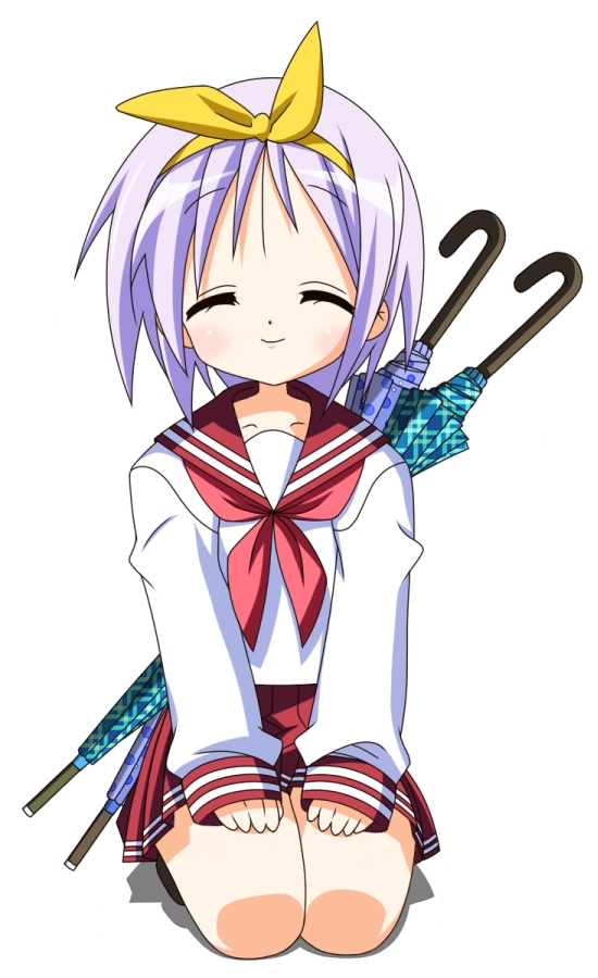 rindou (awoshakushi), hiiragi tsukasa, kadokawa shoten, lucky star, 00s, 1girl, bow, closed eyes, closed umbrella, female focus, hairband, kneeling, purple hair, school uniform, serafuku, skirt, smile, solo, umbrella